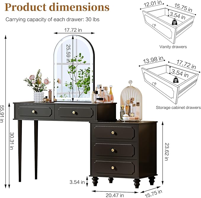 Black,Vanity Desk with Mirror and Lights,Makeup Vanity with Power Outlet and Adjustable Cabinet,Modern Makeup Table with 3 Drawers for Bedroom Makeup Room