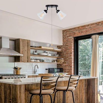 2-Light Flush Mount Ceiling Light with Pull Chain Clear and Frosted Glass Low Profile Lighting Fixtures for Kitchen Living Room Dining Room Closet, Black