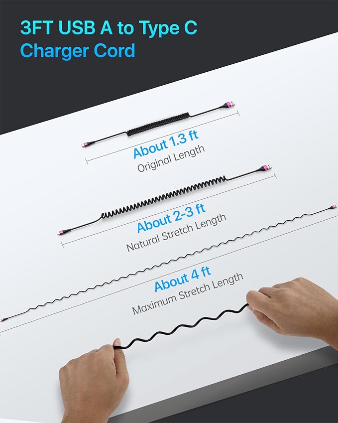 Coiled USB A to USB C Cable for Car, 3FT/5FT USB C Cable Fast Charging, USB Type C Charging Cord Compatible with iPhone 17/16/15 Pro Max/Samsung Galaxy S20 S10 and More USB C Devices-Rose Red