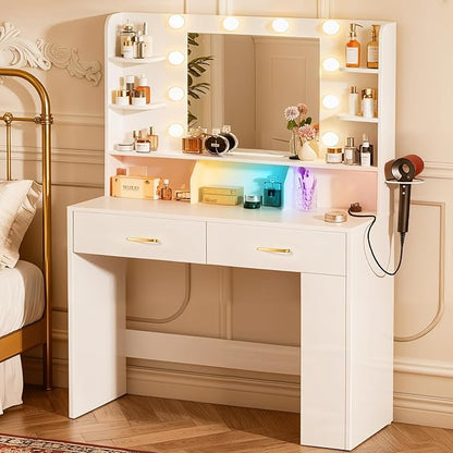 COMHOMA Vanity Desk with Lighted Mirror and Power Outlet, RGB LED Lights Makeup Vanity Set for Girls, Large Storage Capacity Dressing Table for Bedroom, 3 Lighting Modes Adjustable Brightness, White