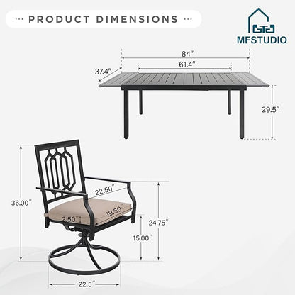 MFSTUDIO Outdoor Dining Set for 6, Patio Dining Sets with Swivel Chairs, Expandable Metal Patio Table and Chairs Set for Deck Backyard Poolside Garden