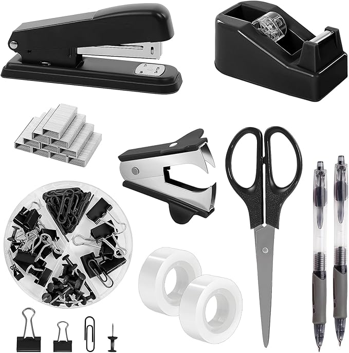 SKYDUE Black Office Supplies Set, Black Desk Accessories, Stapler, Tape Dispenser, Scissors, Binder/Paper Clips and 1000pcs Staples, Desk Supplies Set