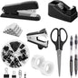 SKYDUE Black Office Supplies Set, Black Desk Accessories, Stapler, Tape Dispenser, Scissors, Binder/Paper Clips and 1000pcs Staples, Desk Supplies Set
