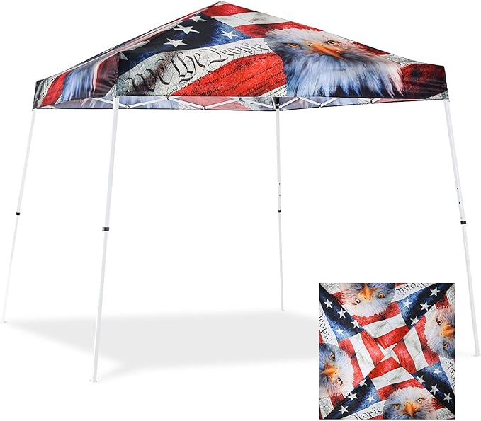 EAGLE PEAK 10x10 Slant Leg Pop-up Canopy Tent Easy One Person Setup Instant Outdoor Beach Canopy Folding Portable Sports Shelter 10x10 Base 8x8 Top (American Icon)