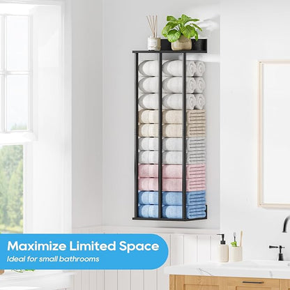 Towel Racks for Bathroom Wall Mounted with Wooden Storage Shelf, Updated 3 Bar Metal Towel Holder for Rolled Towels, Sturdy and Large Capacity, Towel Storage Organizer-Black