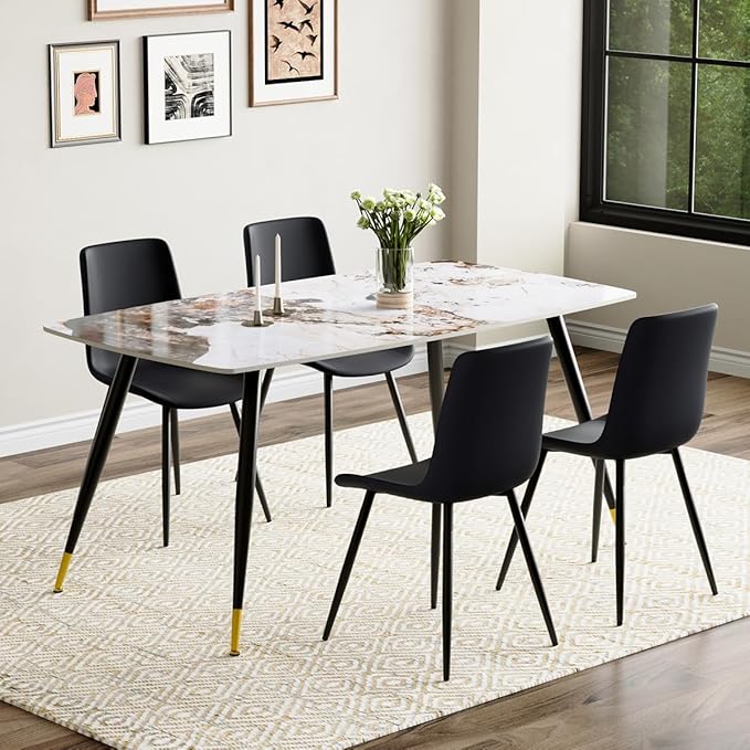 Modern Dining Table Set for 4, 62'' Sintered Stone Table, 4 Chairs, Easy to Assemble