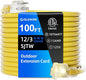 12 Gauge Outdoor Extension Cord 100 FT Waterproof, 3 Prong Plug, SJTW Heavy Duty 15A 1875W, Yellow Extension Cable with Lighted end for Commercial Use and Major Appliances, ETL Listed