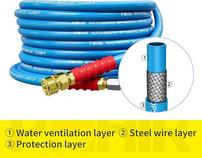 POHIR 25ft Pressure Washer Hose 3/8" 4800 PSI, No Marking Kink Free Hose with Quick Connect Ends and Adapters for Hot & Cold Water up to 248°F, Steel Wire Braided Hose for Power Washing