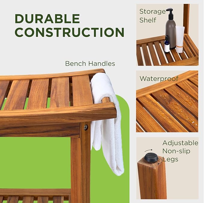 Premium 22" Teak Shower Bench with Handles, Waterproof Teak Shower Stool, Wooden Stool for Bathroom, Teak Wood Shower Seat Chair for Shower Storage Shelf, 300 Lbs Capacity
