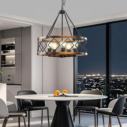 5-Light Black and Gold Chandelier, Farmhouse Industrial Pendant Light Adjustable Height Metal Hanging Fixture E26 Base for Kitchen Island, Dining Room, Living Room