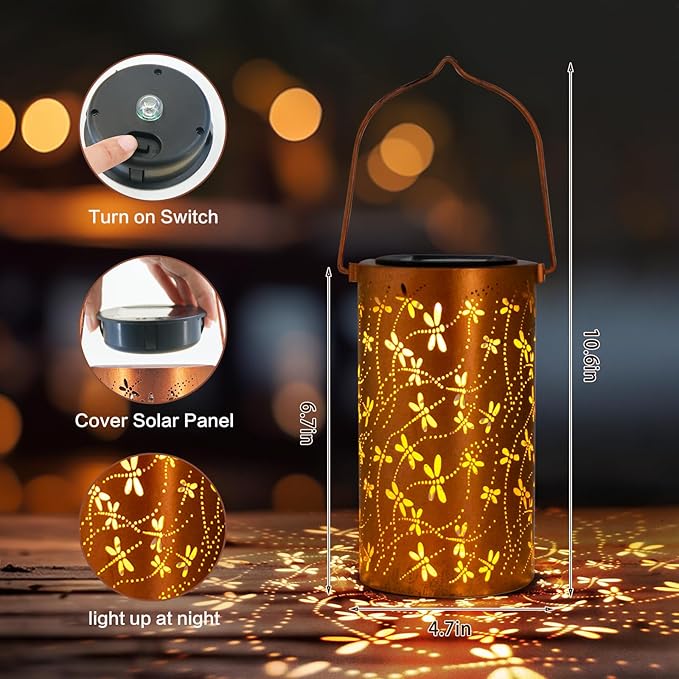 Christmas Gifts For women,Solar Lanterns Outdoor Hanging Lantern Lights, Dragonfly Hollowed-Out Metal Decor Lantern, Waterproof LED Decorative Garden Light - Delicate Garden Decoration for Patio, Yard