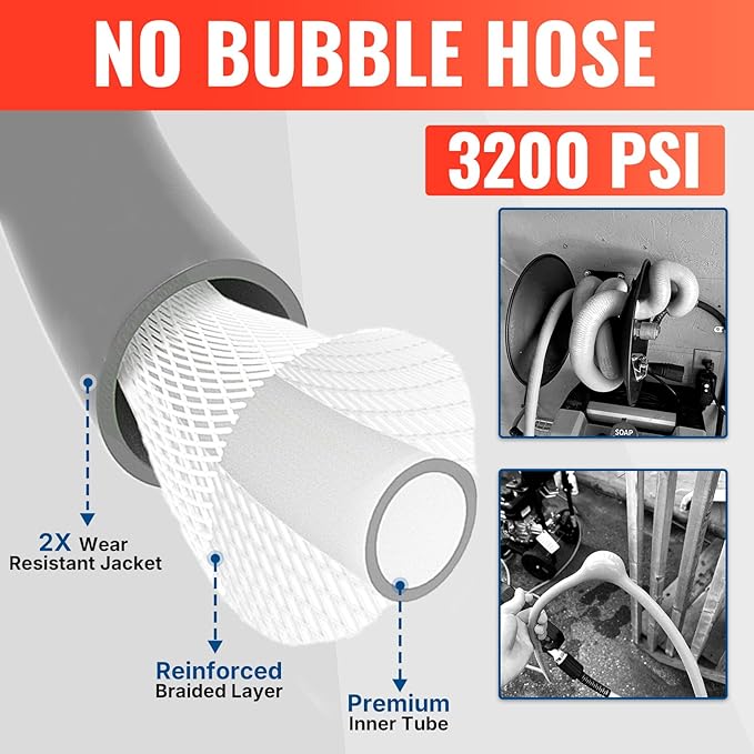 YAMATIC Super Flexible Pressure Washer Hose 30FT for Power Washer Replacement, Kink Resistant Extension With Leak-Free M22 Female & 3/8" Quick Connect Adapters, 1/4" 3200 PSI, Grey