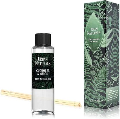 Urban Naturals Reed Diffuser Oil Refill Cucumber Melon, Crisp Cucumber, Juicy Melon, Refreshing Summer Scent, 4 oz + Free Reed Sticks, Made in the USA