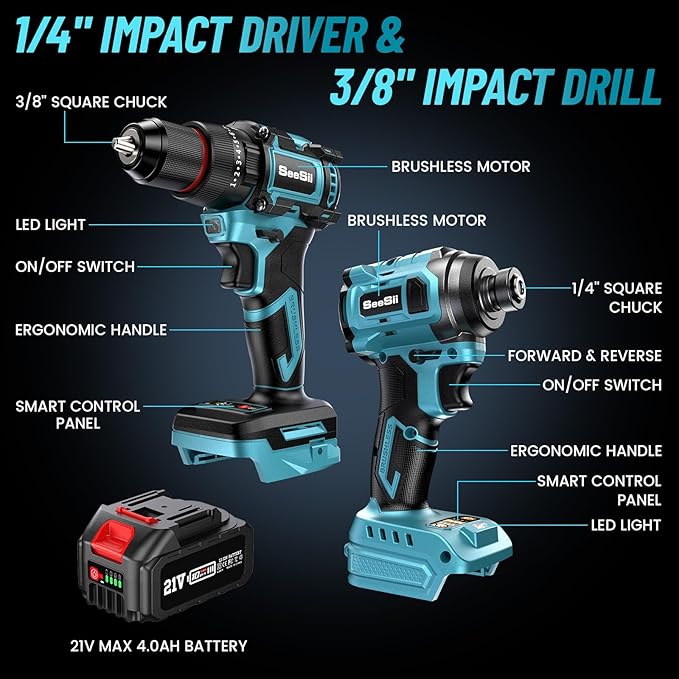 SEESII 21V Max Cordless Drill and Impact Driver, Power Tool Combo Kit Included 3/8'' Drill & 1/4'' Impact Driver, 2x 4000mAh Battery, Fast Charger, 20 pcs Driver Bit Set & Bag