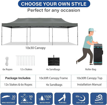 COBIZI 10x30 Pop up Canopy Tent Heavy Duty Without Sidewalls, Easy Set-up Commercial Outdoor Party Canopy, 100% Waterproof Wedding Gazebo, 3 Height Adjustable with Wheeled Bag, Gray