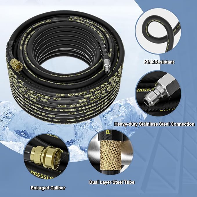 POHIR Pressure Washer Hose 50 ft with 3/8 Inch Quick Connect, Kink Resistant High Tensile Wire Braided,with 2 pcs M22 14mm Adapter Set, 4200 PSI Power Washer Hose