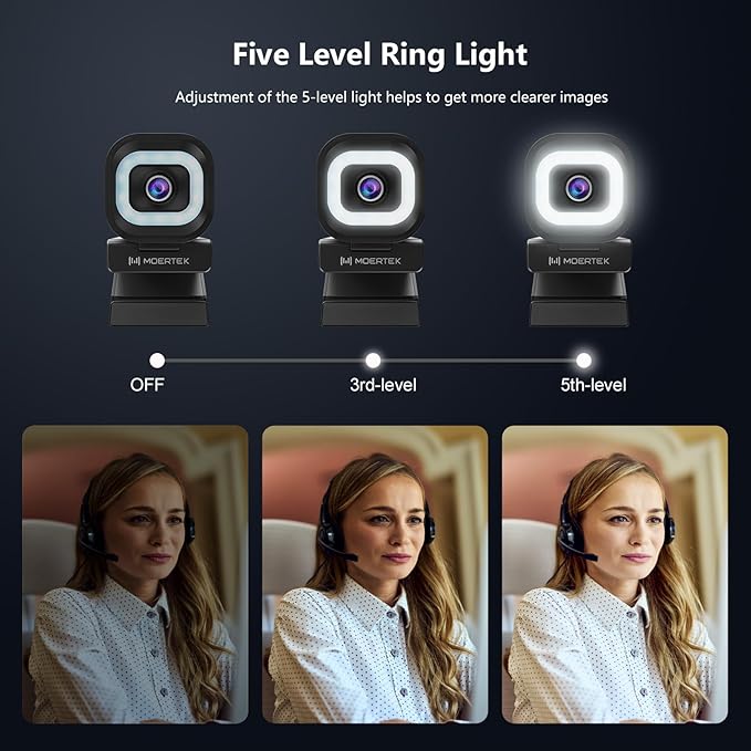 4K Webcam with 5-Level LED Light, 12MP Camera, USB Webcam with Dual Noise-canceling Microphones, PDAF Fast Auto Focus, Remote Control, 360° Rotation, Perfect for Live streaming, Online Meeting