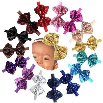 CellElection 15Pcs Baby Girls Headbands 4'' Big Boutique Bling Sparkly Glitter Sequin Hair Bows Headband Elastic Hair Bands Hair Accessories for Toddlers Infants Newborns