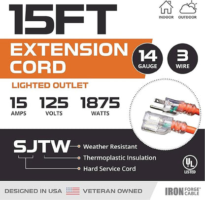 Iron Forge Cable Weatherproof 15 Ft Outdoor Extension Cord - 14/3 SJTW 15 Amp Heavy Duty Orange Extension Cord 3 Prong - Lighted End