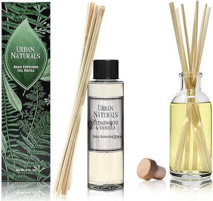Urban Naturals Reed Diffuser Oil Refill, Cedarwood Vanilla Fragrance Oil with Oak, Cedar, Vanilla, 4 oz + Free Reed Sticks, Made in the USA