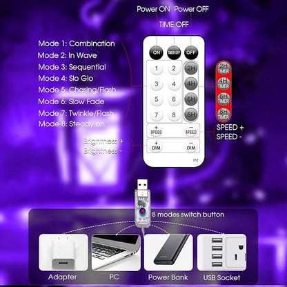 Fairy Lights 66ft 200 LED USB Twinkle String Lights Plug in Silver Wire Lights with Remote and Timer 8 Modes Outdoor Waterproof Starry Lights DIY Party Wedding Christmas Decoration（Purple）