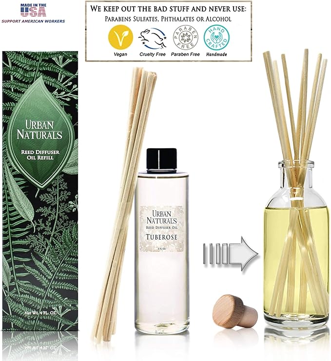 Urban Naturals Tuberose Reed Diffuser Oil Refill + Replacement Reed Sticks ~ A Blend of Exotic Tuberose & Fragrant Orange Blossom 4 oz. | Home Gift Idea. Vegan.