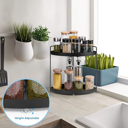2 Tier Corner Shelf Rack Kitchen Counter Cabinet Bathroom Organizer Makeup Cosmetic countertop Organization and Storage Under Sink Organizers Perfume Trays for Dresser Black