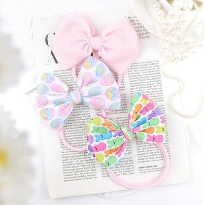 YanJie Easter Bows for Baby Girls Rabbit Egg Bow for Newborn Infant Easter Bunny Ears Hairbands Nylon Pink Bow Headband Easter Hair Accessories Gift