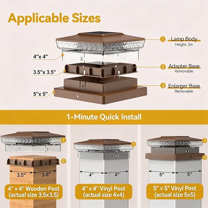 KEILAIMO Solar Post Cap Lights, 12-Pack Upgraded Outdoor Deck Fence Post Solar Lights for 4x4 5x5 Wood/Vinyl Posts, IP65 Waterproof, 10-12 Hours Warm/Cool White Glow for Garden/Patio/Porch - Brown