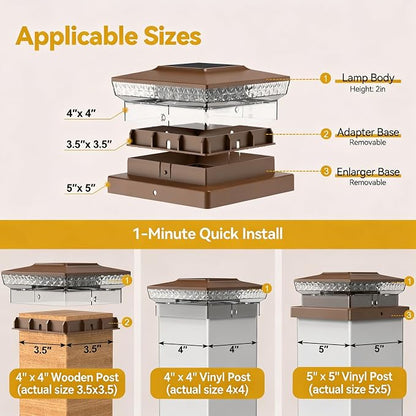 KEILAIMO Solar Post Cap Lights, 12-Pack Upgraded Outdoor Deck Fence Post Solar Lights for 4x4 5x5 Wood/Vinyl Posts, IP65 Waterproof, 10-12 Hours Warm/Cool White Glow for Garden/Patio/Porch - Brown