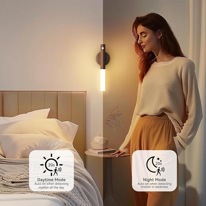 Wooden Motion Sensor Lights Indoor - Magnet Body Hallway Rechargeable LED Wireless Battery Operated Wall Sconce, Portable Decor Torch Night Lighting for Bedroom (Walnut Wood 2PCS)