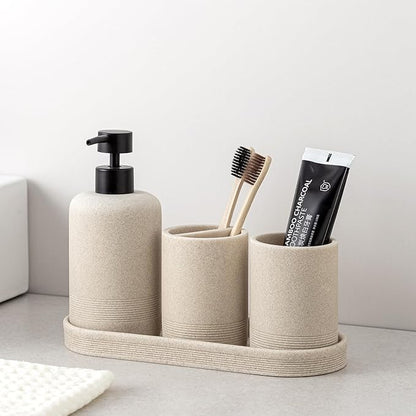 Bathroom Accessories Set, 6 PCS Modern Bathroom Accessory Set with 13.5 OZ Soap Dispenser, Toothbrush Holder, Vanity Tray, Tumbler, 2 PCS Qtip Holders (Beige 4PCS)