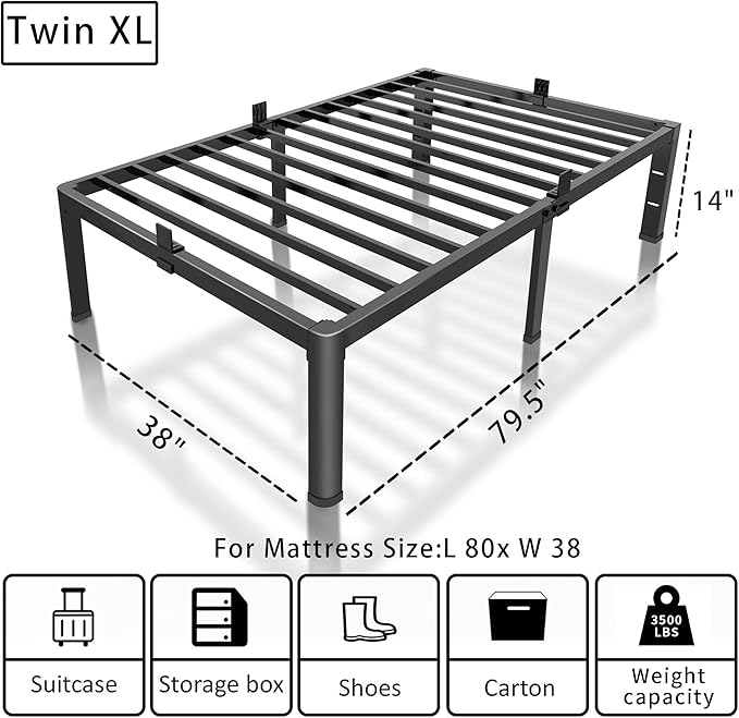 ROIL 14 inch Twin XL Bed Frames with Headboard Hole and Round Corner Legs Mattress Retainers 3500LBS Heavy Duty Steel Slats No Box Spring Needed Platform Noise-Free Underneath Storage