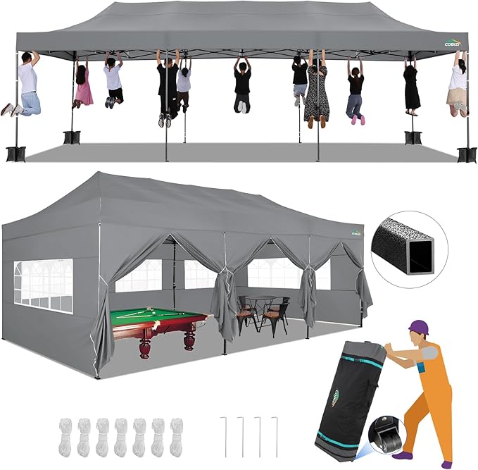 COBIZI 10x30 Pop up Canopy Tent 10x30 Canopy with Sidewalls, Heavy Duty Party Tent Tents for Parties, Foldable UPF 50+ Waterproof Commercial Ez up Canopy with Roller Bag, Grey(Windproof Upgraded)