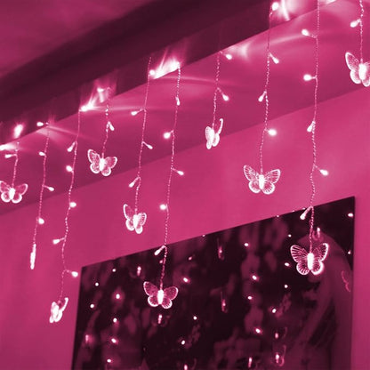 Butterfly Curtain Lights, 4.9ft 48 LED USB Window Fairy Lights 10 Butterflies 8 Modes Firefly Twinkle String Lights for Room Bedroom Wall Ceiling Party Wedding Christmas (Pink)