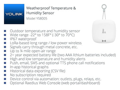 YoLink Smart Outdoor Temperature & Humidity Sensor, Hygrometer, Thermometer, 1000' Long Range, 2+ Years Battery Life, App Alerts, Text/SMS, Email Alerts, Alexa, IFTTT Integration. Hub Included!