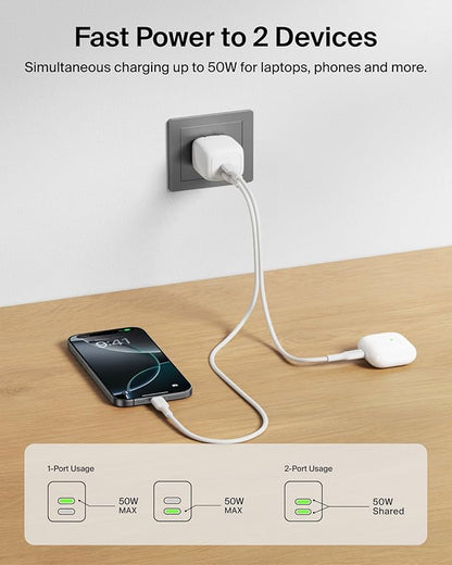 Belkin 2-Port USB C Charger Block 50W, Dual-Port GaN Charger w/ 2X USB C Ports & Included 1M C-C Cable, Fast Charging for MacBook, iPhone, iPad, Chromebook, Galaxy, Pixel - Travel Essentials - White