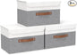 Yawinhe Storage Bins with Lids, Fabric Foldable Boxes, Washable and Leather Handle, Cube Organizer Basket for Home, Closet, White/Grey, 17.7''Lx11.8''Wx11.8''H, 3-Pack, USNK024WGX-3