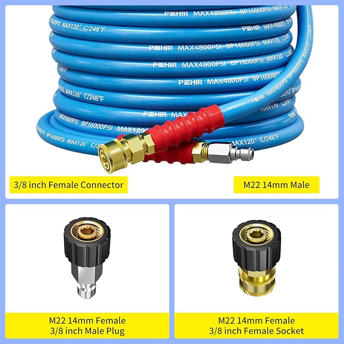 POHIR 100ft Pressure Washer Hose 3/8" 4800 PSI, Kink Resistant Industrial Grade Hose with Quick Connect Ends and Adapters for Hot & Cold Water up to 248°F, Steel Wire Braided Hose for Power Washing