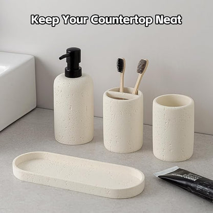 Bathroom Accessories Set, 4 Piece Travertine Stone Look Collection, Modern Bath Organizer with Soap Dispenser, Toothbrush Holder, Tumbler, Vanity Tray for Countertop Kitchen Sink (Off White)