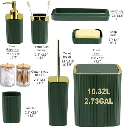 Bathroom Accessories Set-9PC Set, Complete Bathroom Decor & Home Decor, Bathroom Set with Toilet Brush, Trash Can, Soap Dispenser,Modern Home Bath Essentials (Green&Gold, Bath Set)