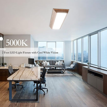 FAITHSAIL 2FT LED Light Fixture with 3000K/4000K/5000K CCT Selectable Dimmable 2 Foot LED Linear with Wooden Look 30W 3300LM Flush Mount Ceiling Wraparound for Kitchen, Bedroom, Laundry, 2 Pack
