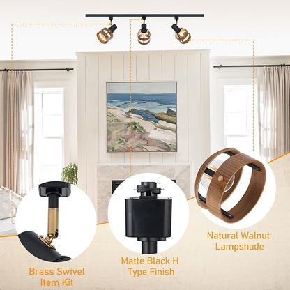 Modern H-Type Track Lighting, Black Adjustable Heads with Real Walnut Wood Lampshade and Brass Swivel, for Accent Retail-Pack of 3, E26 Base