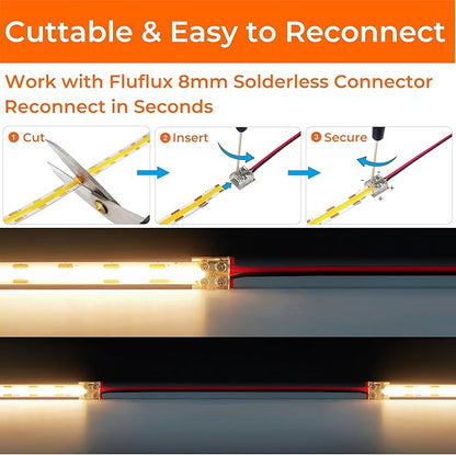 3500K COB LED Strip Lights, Premium Tape Light with Strong 3M VHB Tape, CRI 95, UL Listed, Cuttable, Dimmable, Flexible, 24V DC for Retail Stores, Displays, Windows (NO Power Supply)