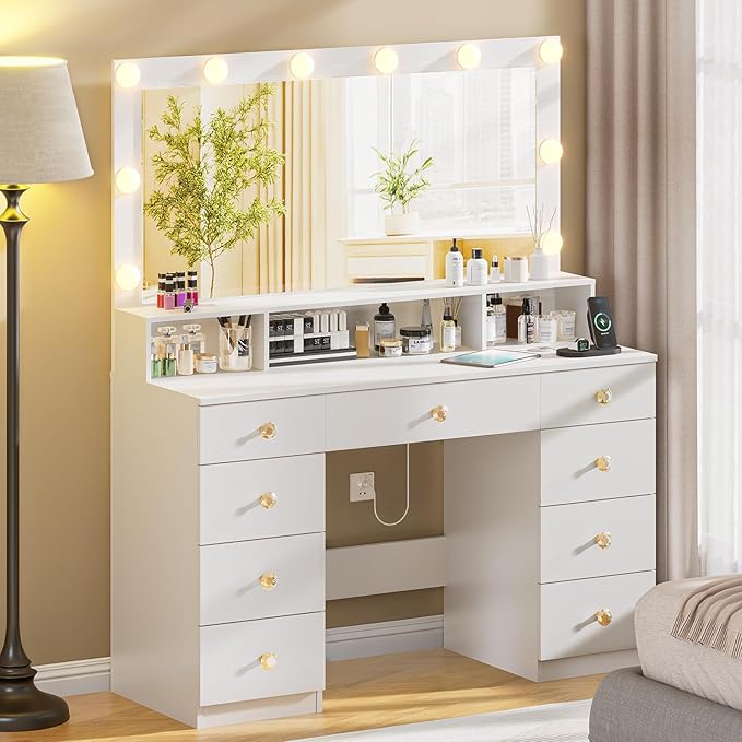 White Vanity with Lighted Mirror, Makeup Vanity Desk with Power Outlet, 9 Drawers & Shelf Storage, 43.3” Large Vanity Desk, Women Girls Vanity Dressing Table for Bedroom Bathroom
