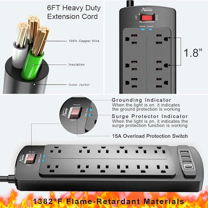 Power Strip, ALESTOR Surge Protector with 12 Outlets and 4 USB Ports, 6 Feet Extension Cord (1875W/15A), 2700 Joules, ETL Listed, Black