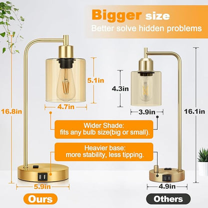 Set of 2 Industrial Touch Control Table Lamps with 2 USB Ports and AC Outlet - 3-Way Dimmable Gold Bedside Lamp Nightstand Desk Lamps for Bedroom Living Room, Amber Glass Shade & 2 LED Bulbs Included