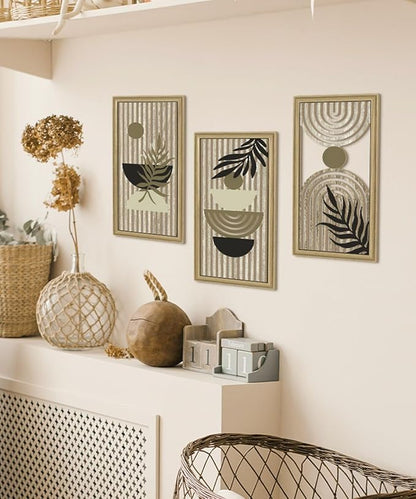 Putuo Decor Boho Abstract Wall Art, Set of 3, Modern Geometric Botanical Wooden Wall Decor, Mid-Century Minimalist Framed Artwork, Neutral Toned Aesthetic Prints, for Living Room, Bedroom, Office