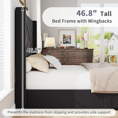 BarnFurin Full Size Upholstered BedFrame, Velvet Platform Bedwith Geometric TuftedHeadboard& Footboard, Wingback Design, attress Foundation with Wooden Slats, No Box Spring,Needed NoiseFree.Black