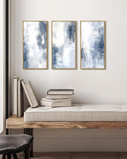 KUVIOKE Abstract Wall Art Blue Gray White Minimalist Painting Modern Decor Bedroom Living Room Ready to Hang 8x16in3pcs Natural Framed